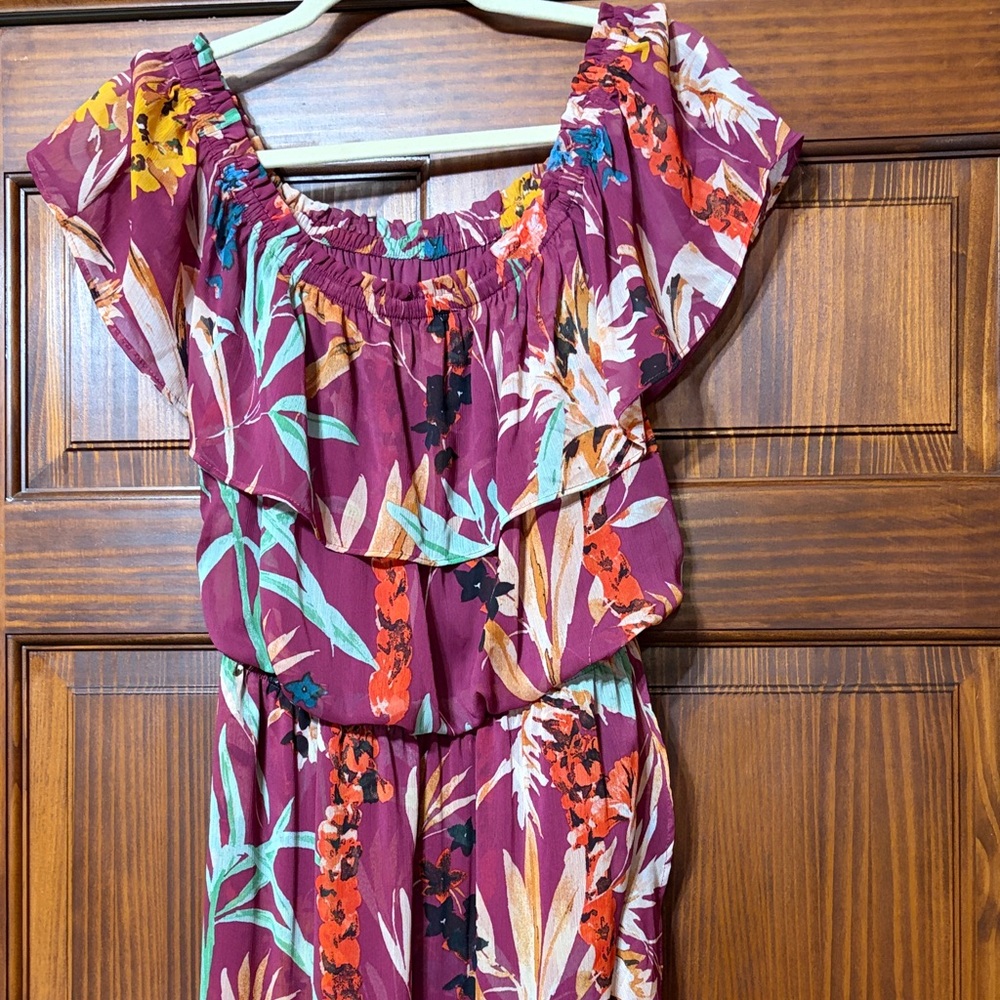 Express Off-Shoulder Floral Maxi Dress in Burgundy with Teal & Orange Accents
